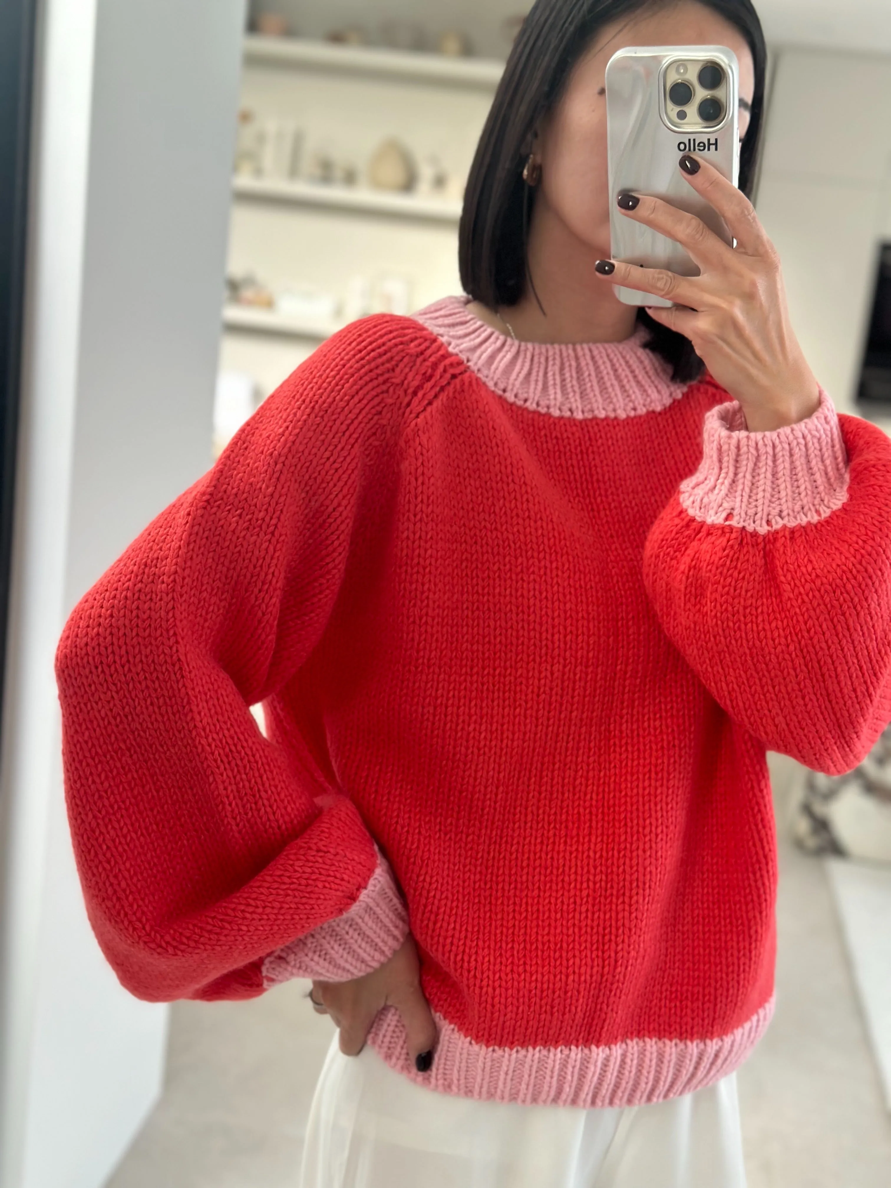 Adult Mia Contrast Knit Jumper - Red/Pink