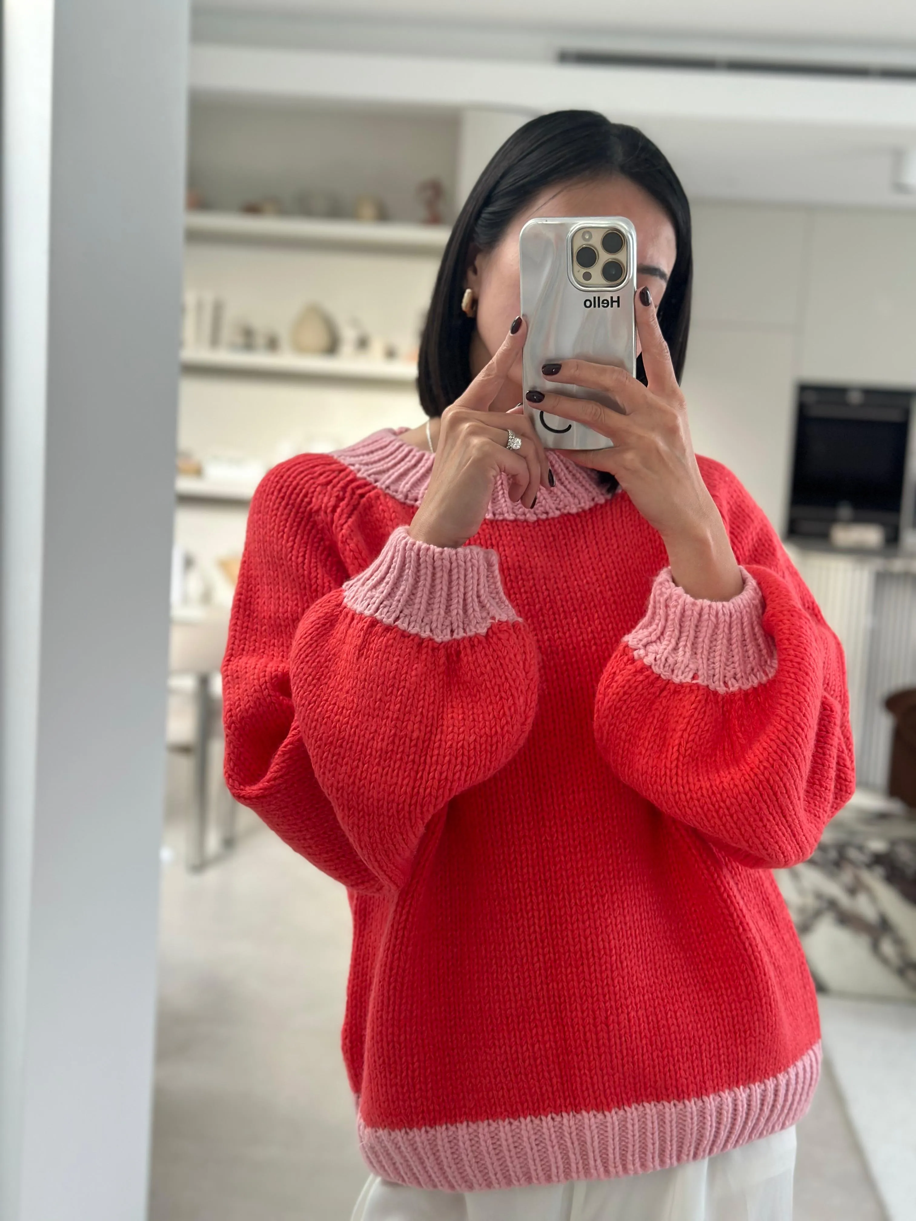 Adult Mia Contrast Knit Jumper - Red/Pink