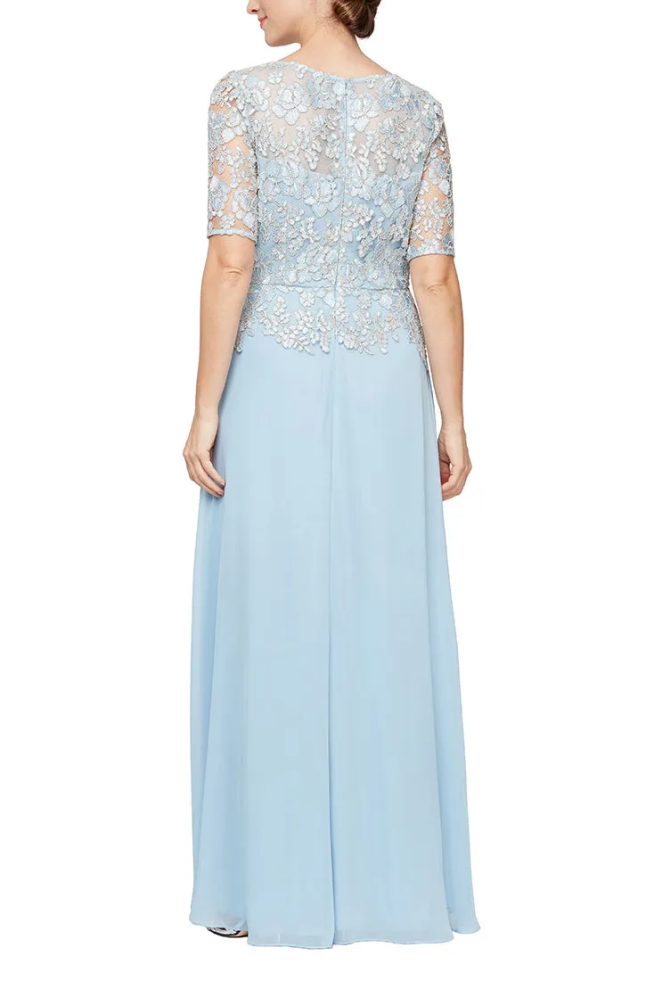 Alex Evening Embroidered Illusion Boat Neck Short Sleeve Zipper Back Chiffon Gown