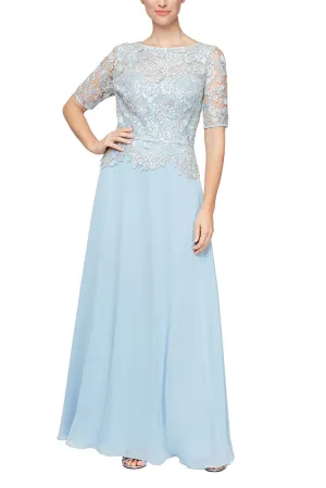 Alex Evening Embroidered Illusion Boat Neck Short Sleeve Zipper Back Chiffon Gown