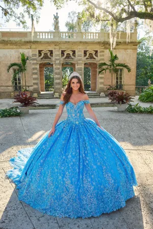 Amarra 54220 Quinceanera Ball Gown Formal Dress Sheer Crystal Lace Train Fringe off the shoulder