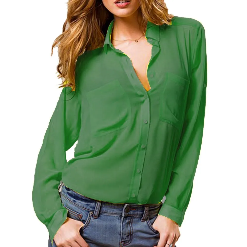 Basic Long Sleeves Sheer Chiffon Blouse with Pockets Shirt Top