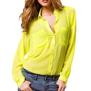 Basic Long Sleeves Sheer Chiffon Blouse with Pockets Shirt Top