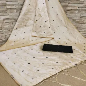Beige Casual Wear Embroidered Cotton Silk Saree