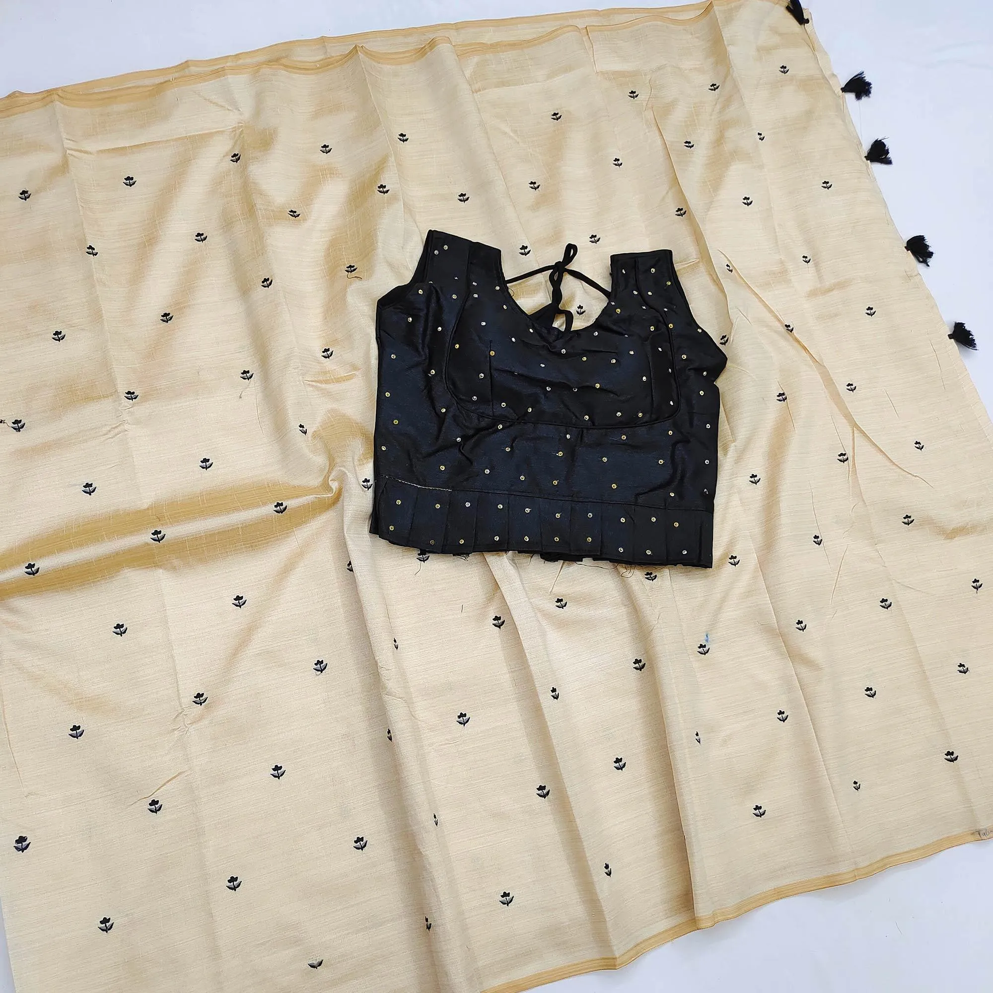 Beige Casual Wear Embroidered Cotton Silk Saree