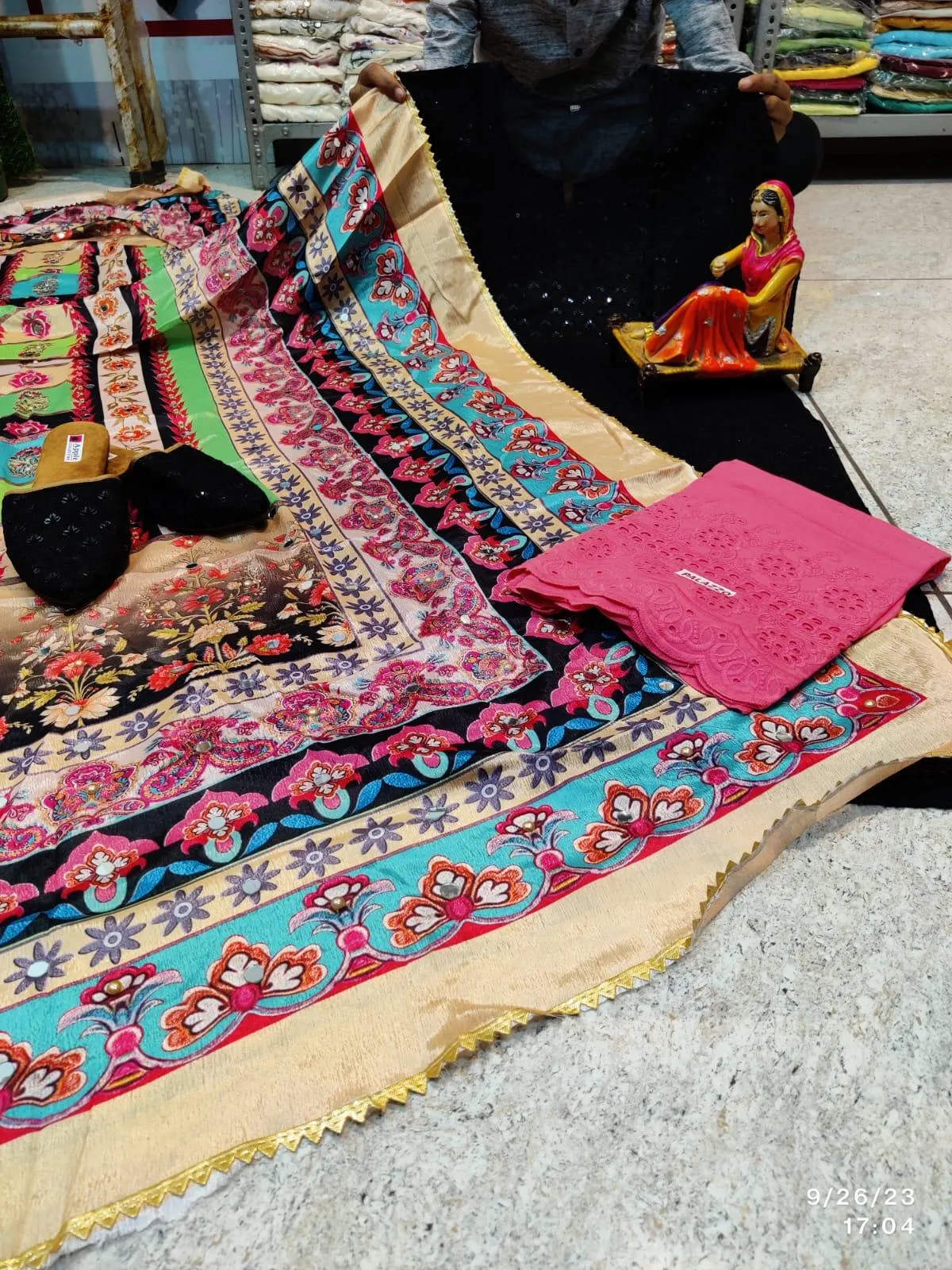 Black & Pink Elegant Chikankari Kurti, Palazzo, and Pakistani Dupatta Set