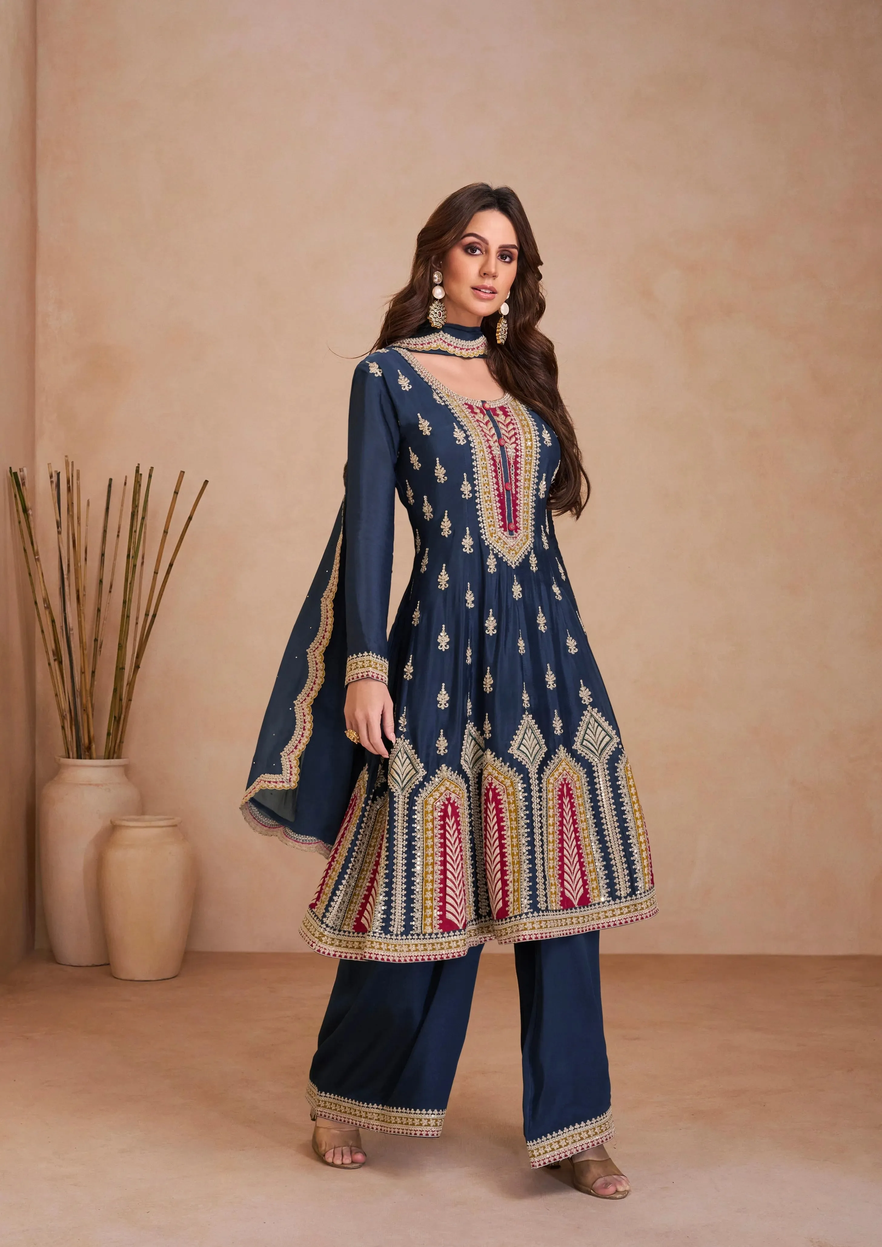 Blazing Navy Blue Embroidered Chinon Palazzo Set