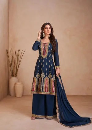 Blazing Navy Blue Embroidered Chinon Palazzo Set