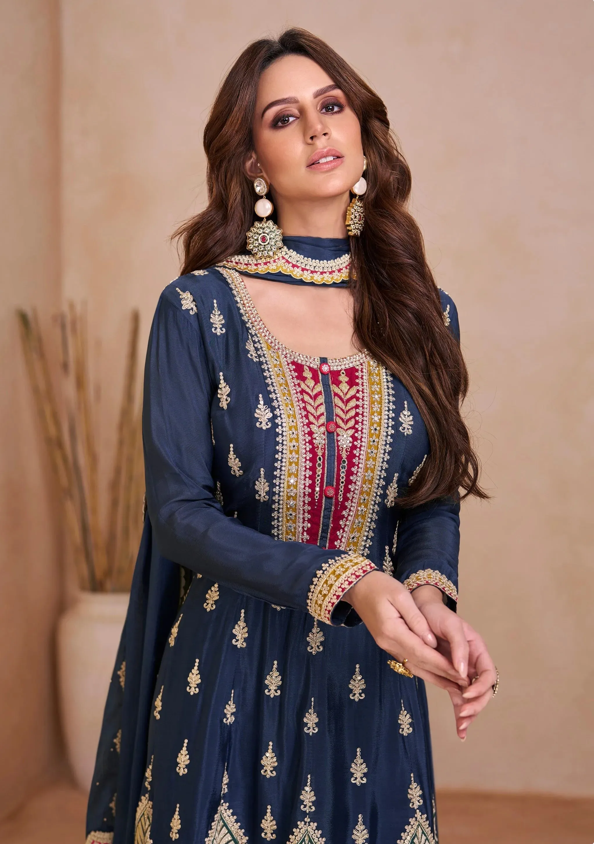 Blazing Navy Blue Embroidered Chinon Palazzo Set