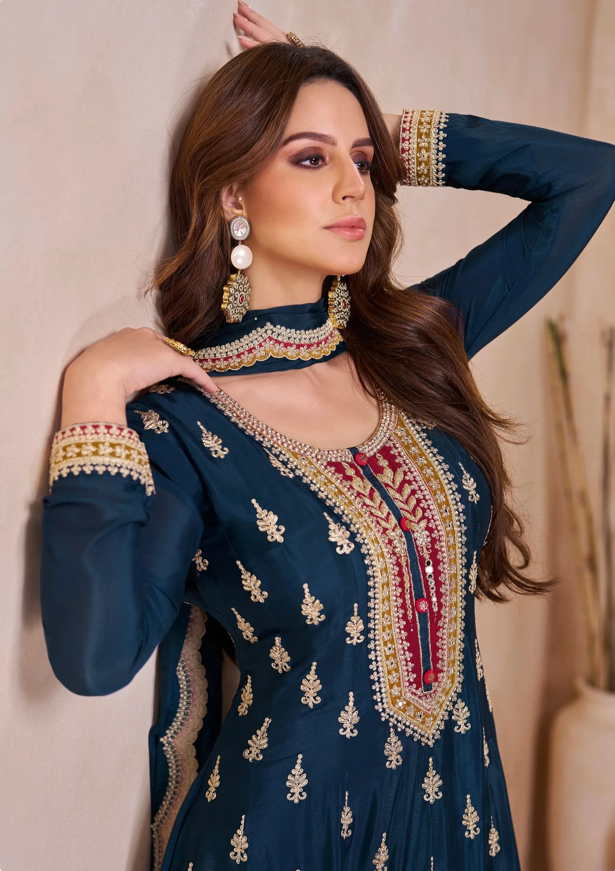 Blazing Navy Blue Embroidered Chinon Palazzo Set