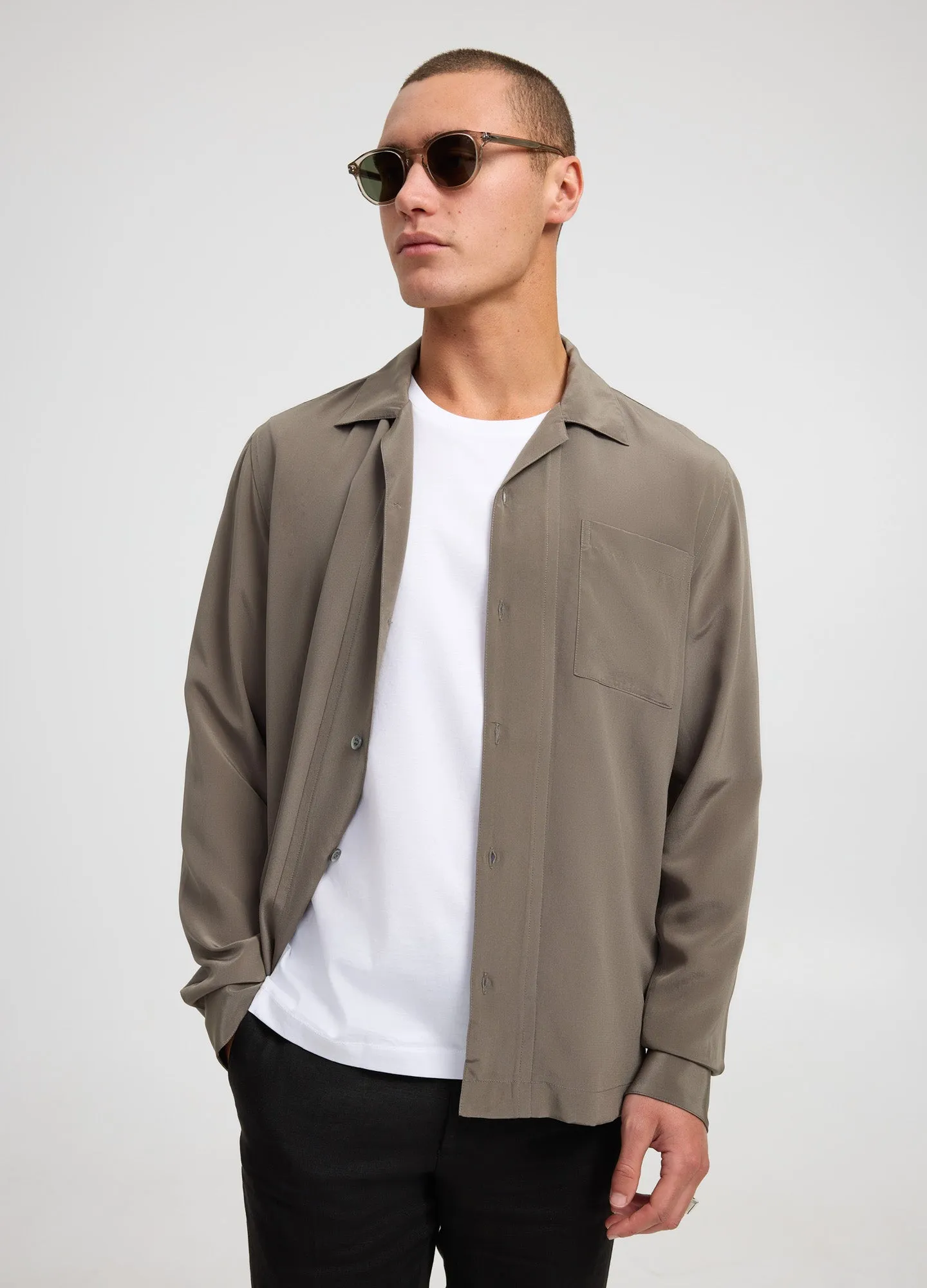 Camp Collar Silk Shirt Olive