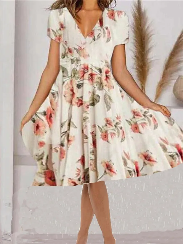 Casual Dress Swing Dress Midi Dress White Short Sleeve Floral Print Summer Spring V Neck Casual  S M L XL XXL for Women