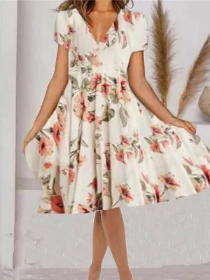 Casual Dress Swing Dress Midi Dress White Short Sleeve Floral Print Summer Spring V Neck Casual  S M L XL XXL for Women