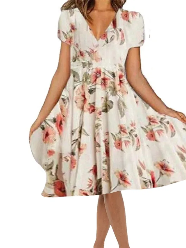 Casual Dress Swing Dress Midi Dress White Short Sleeve Floral Print Summer Spring V Neck Casual  S M L XL XXL for Women
