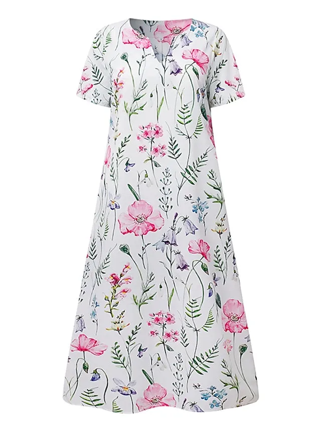 Casual Dress T Shirt Dress Tee Dress Shift Dress Midi Dress White Yellow Pink Short Sleeve Floral Print Summer Spring V Neck Basic Vacation Summer Dress Spring Dress  S M L XL XXL 3XL for Women