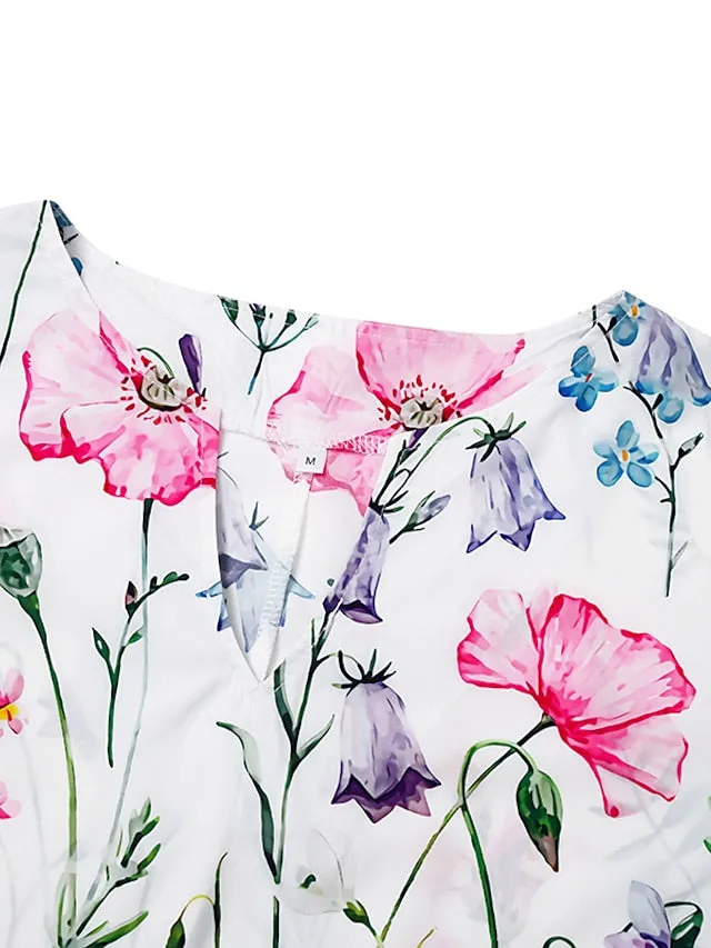 Casual Dress T Shirt Dress Tee Dress Shift Dress Midi Dress White Yellow Pink Short Sleeve Floral Print Summer Spring V Neck Basic Vacation Summer Dress Spring Dress  S M L XL XXL 3XL for Women