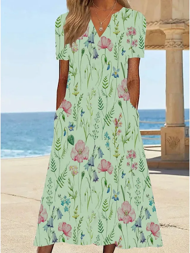 Casual Dress T Shirt Dress Tee Dress Shift Dress Midi Dress White Yellow Pink Short Sleeve Floral Print Summer Spring V Neck Basic Vacation Summer Dress Spring Dress  S M L XL XXL 3XL for Women