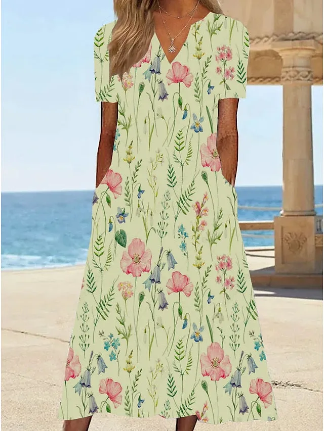 Casual Dress T Shirt Dress Tee Dress Shift Dress Midi Dress White Yellow Pink Short Sleeve Floral Print Summer Spring V Neck Basic Vacation Summer Dress Spring Dress  S M L XL XXL 3XL for Women