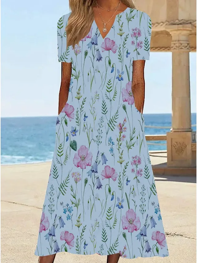 Casual Dress T Shirt Dress Tee Dress Shift Dress Midi Dress White Yellow Pink Short Sleeve Floral Print Summer Spring V Neck Basic Vacation Summer Dress Spring Dress  S M L XL XXL 3XL for Women
