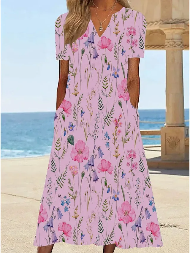Casual Dress T Shirt Dress Tee Dress Shift Dress Midi Dress White Yellow Pink Short Sleeve Floral Print Summer Spring V Neck Basic Vacation Summer Dress Spring Dress  S M L XL XXL 3XL for Women