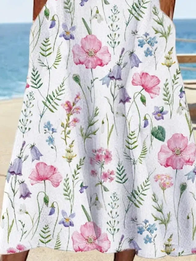 Casual Dress T Shirt Dress Tee Dress Shift Dress Midi Dress White Yellow Pink Short Sleeve Floral Print Summer Spring V Neck Basic Vacation Summer Dress Spring Dress  S M L XL XXL 3XL for Women