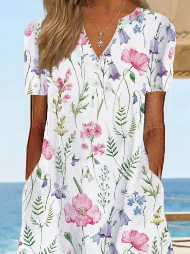 Casual Dress T Shirt Dress Tee Dress Shift Dress Midi Dress White Yellow Pink Short Sleeve Floral Print Summer Spring V Neck Basic Vacation Summer Dress Spring Dress  S M L XL XXL 3XL for Women