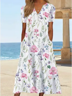 Casual Dress T Shirt Dress Tee Dress Shift Dress Midi Dress White Yellow Pink Short Sleeve Floral Print Summer Spring V Neck Basic Vacation Summer Dress Spring Dress  S M L XL XXL 3XL for Women