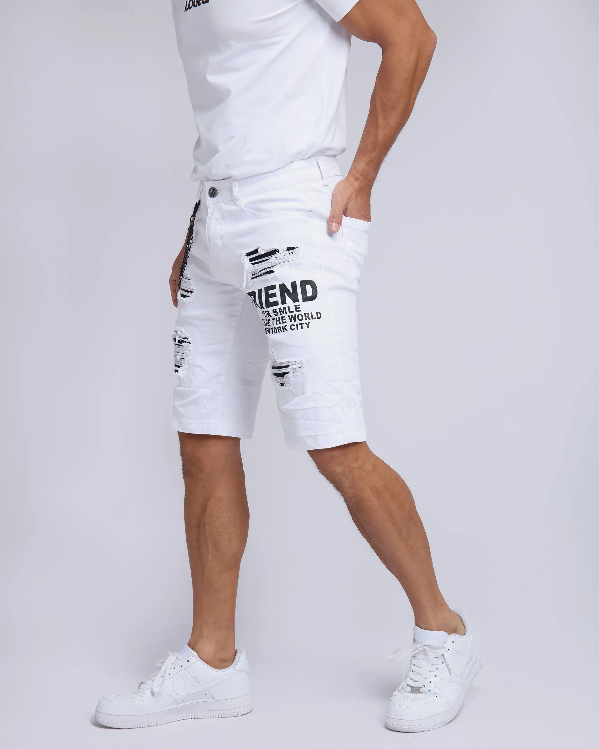 Casual Printed Ripped White Jeans Shorts-Mexico Local Delivery