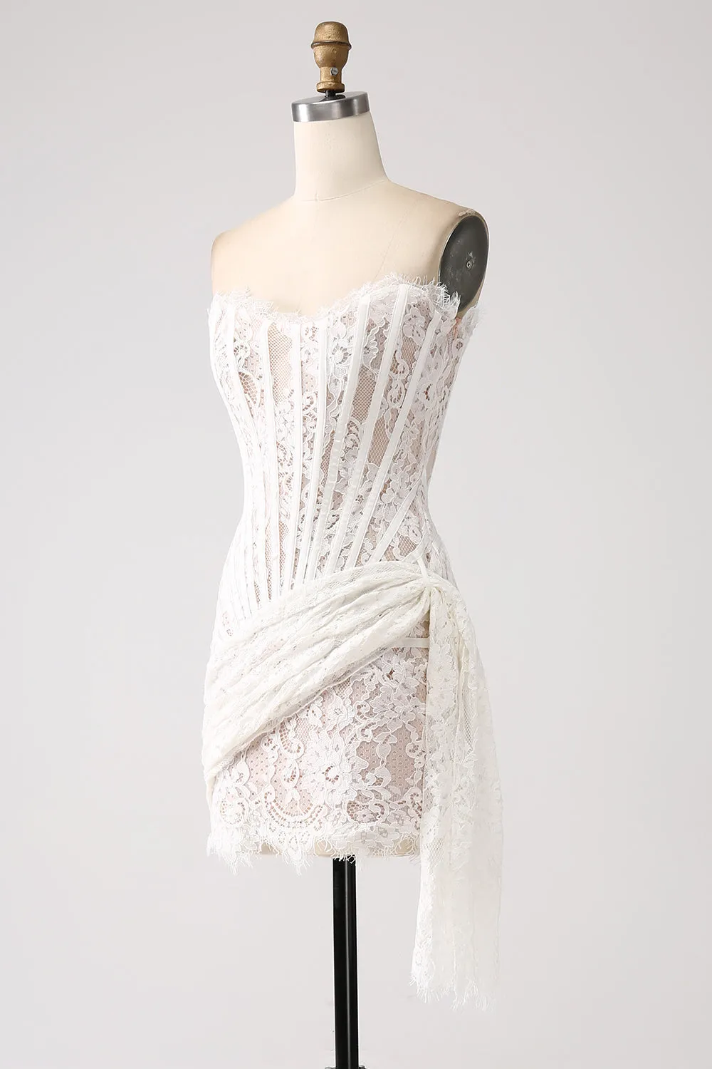 Classy Red Lace Strapless Corset Short Cocktail Dress with Lace-up Back