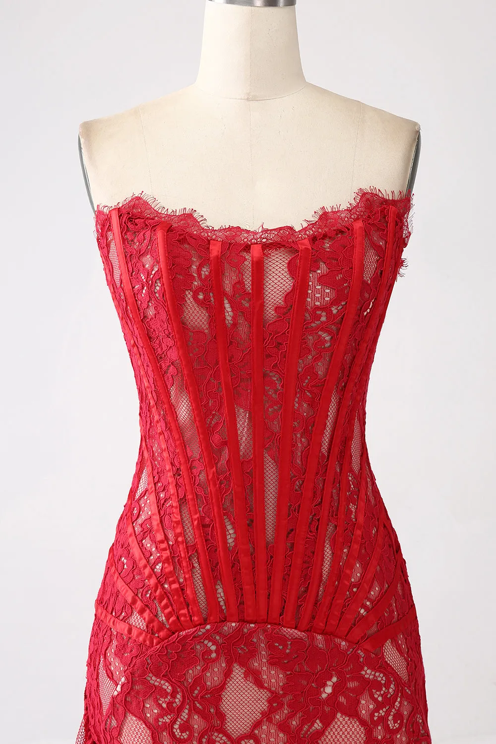 Classy Red Lace Strapless Corset Short Cocktail Dress with Lace-up Back