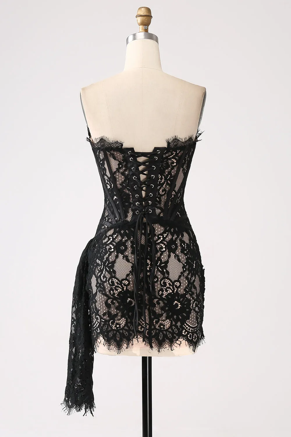 Classy Red Lace Strapless Corset Short Cocktail Dress with Lace-up Back