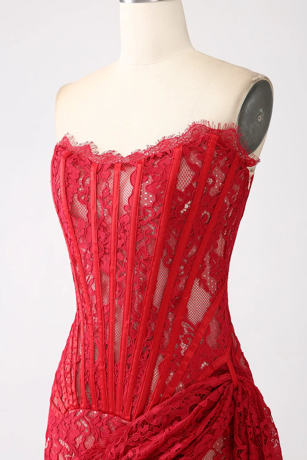 Classy Red Lace Strapless Corset Short Cocktail Dress with Lace-up Back