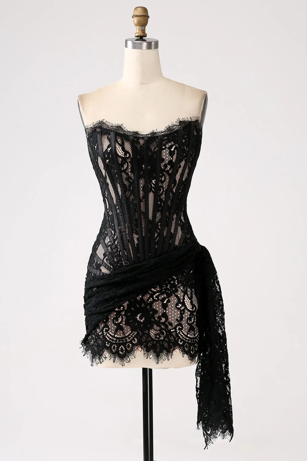 Classy Red Lace Strapless Corset Short Cocktail Dress with Lace-up Back