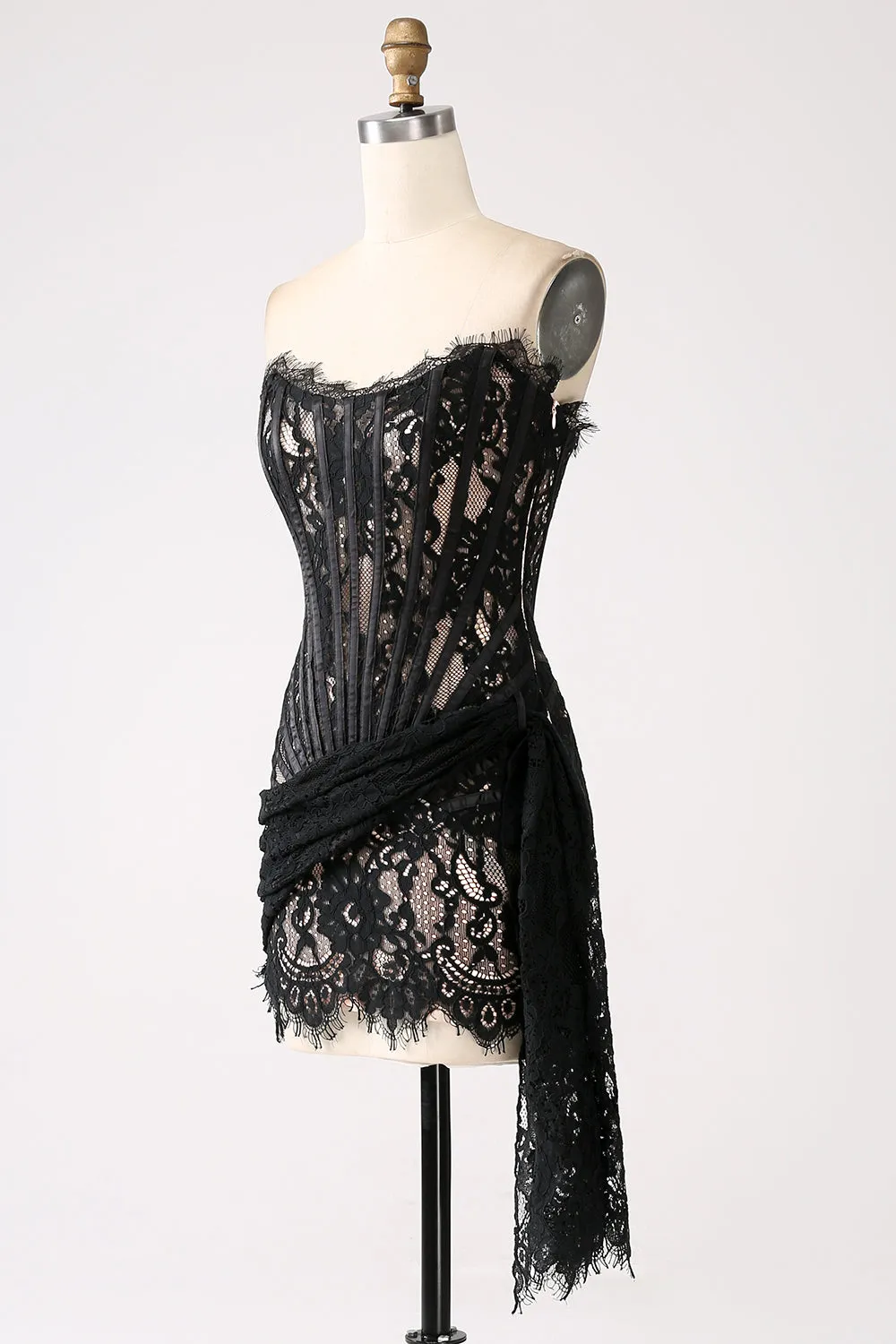 Classy Red Lace Strapless Corset Short Cocktail Dress with Lace-up Back