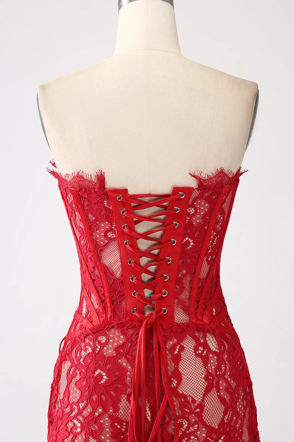 Classy Red Lace Strapless Corset Short Cocktail Dress with Lace-up Back