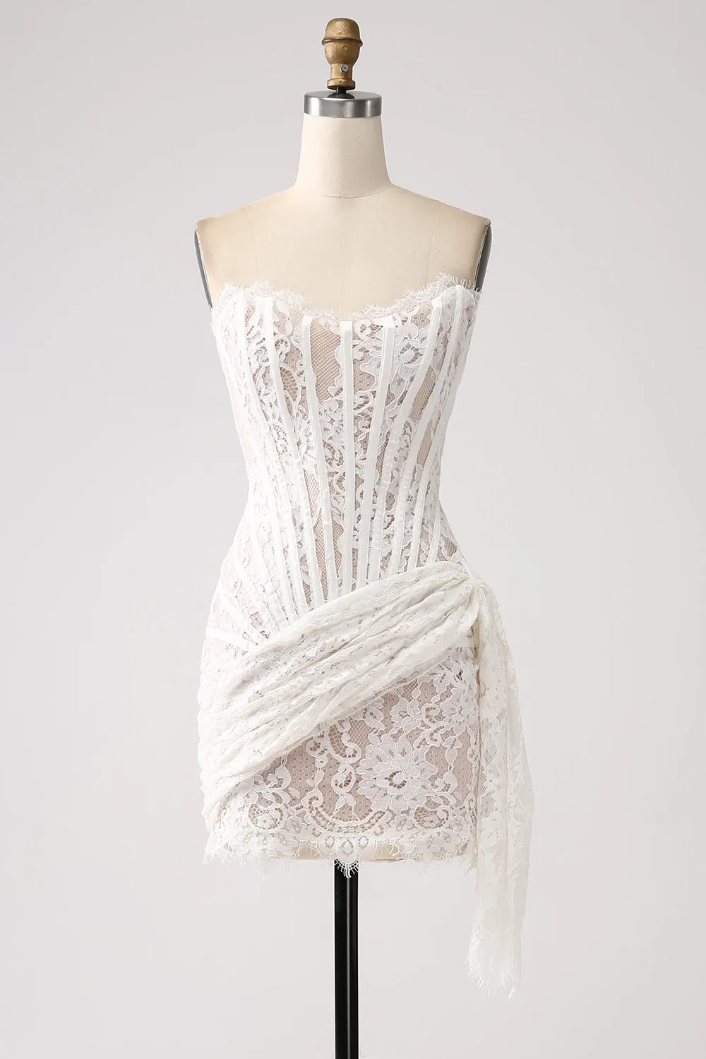 Classy Red Lace Strapless Corset Short Cocktail Dress with Lace-up Back