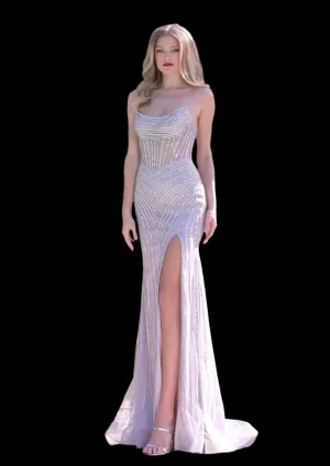 Colors Dress 3568 Sheer Crystal Scoop Neck Prom Dress Pageant Gown Slit Formal Evening