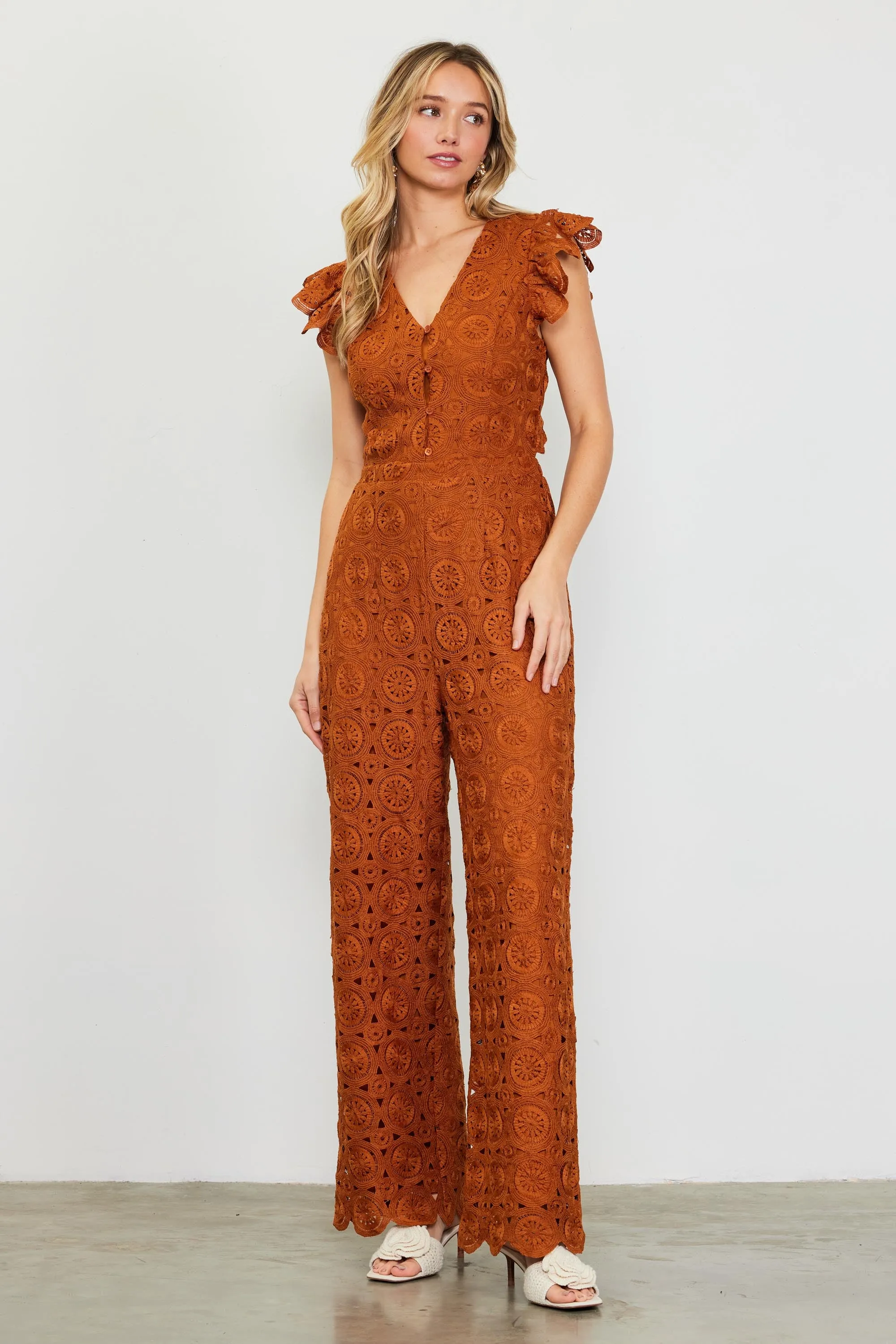 Crochet Ruffled Sleeve Jumpsuit