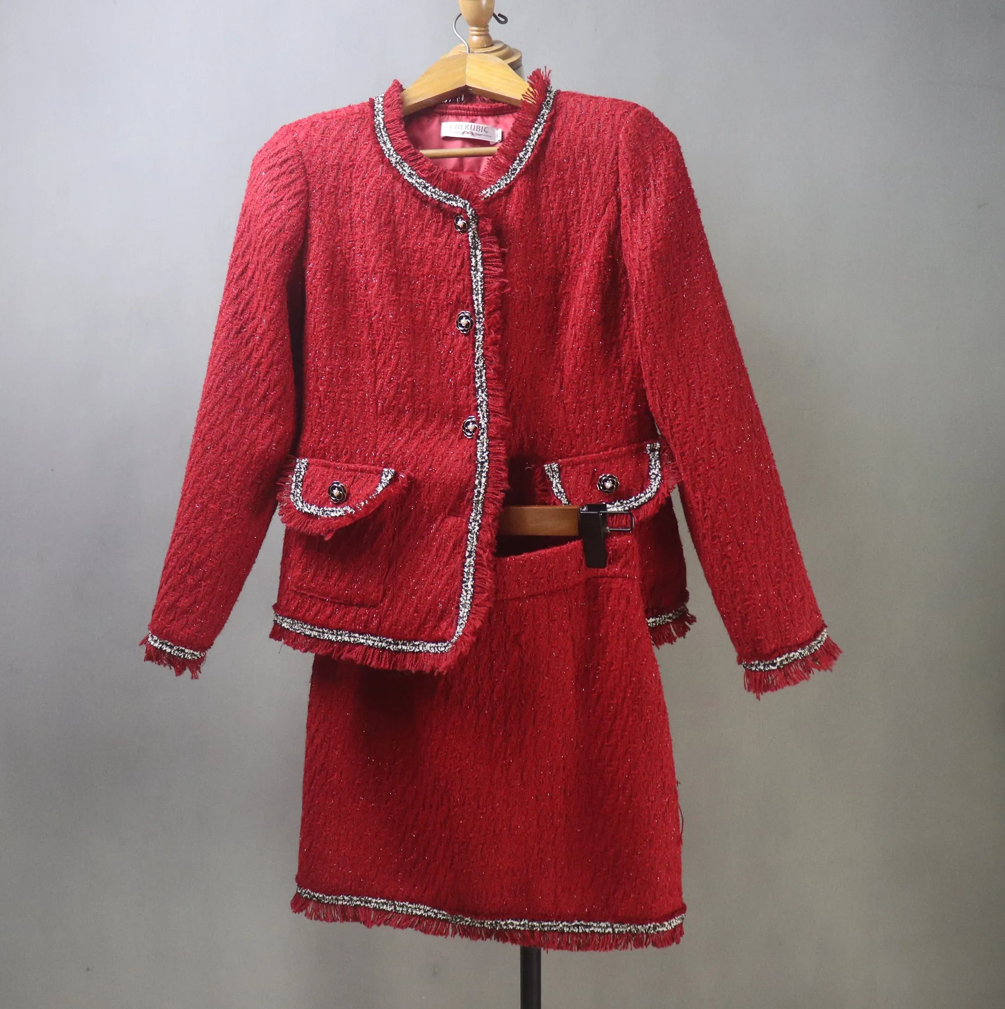 Custom Made Red Tweed Suit Jacket   Skirt