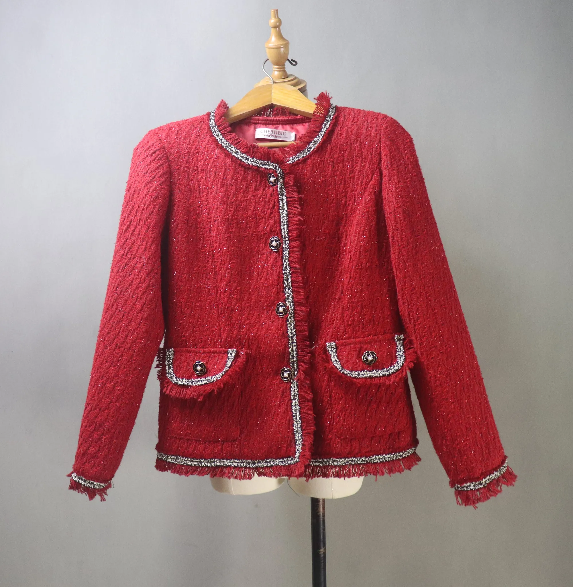 Custom Made Red Tweed Suit Jacket   Skirt