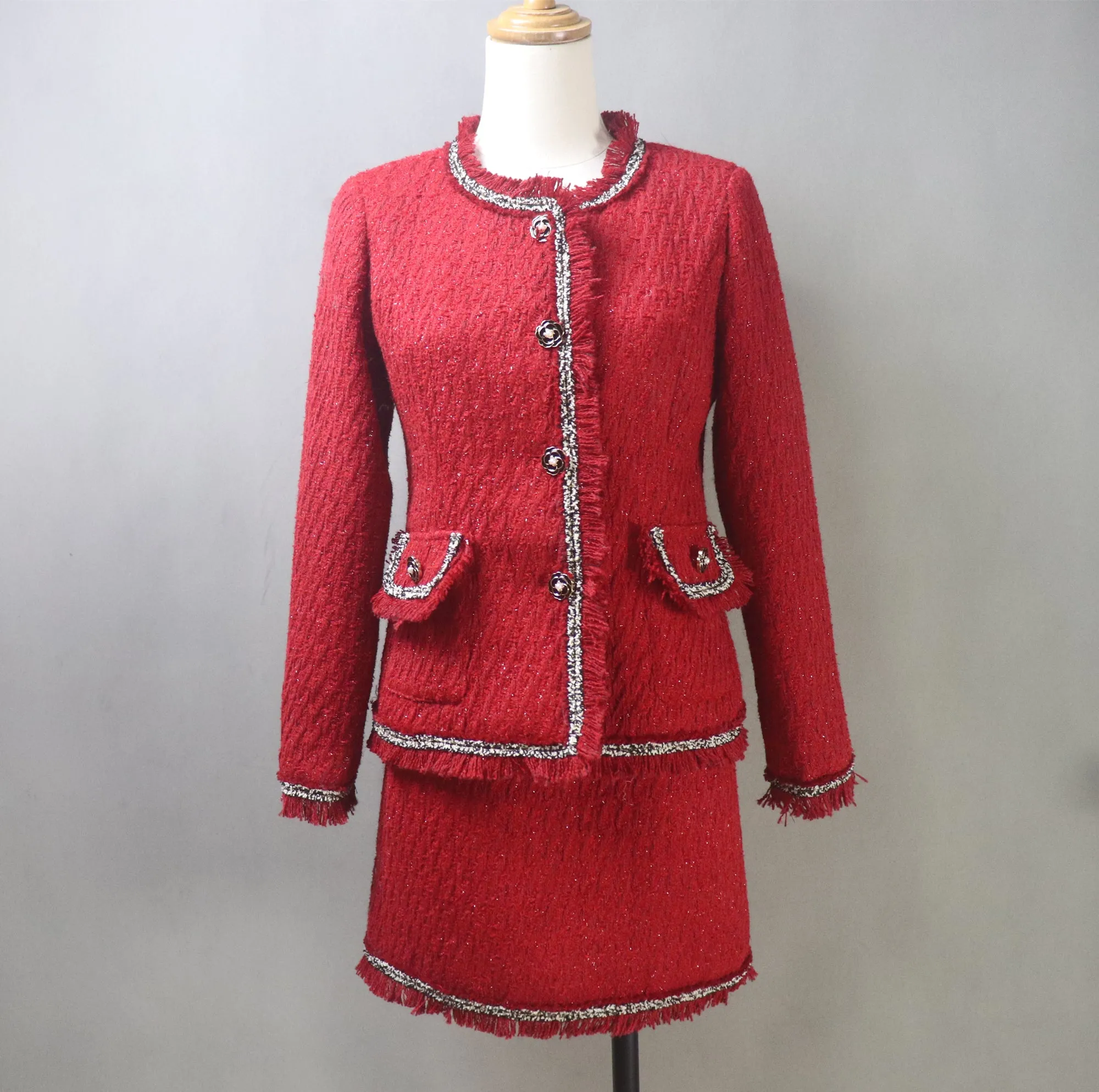 Custom Made Red Tweed Suit Jacket   Skirt