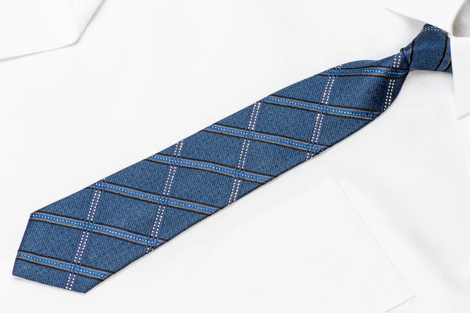 Daks Men's Crystal Silk Necktie Striped On Blue With Silver Sparkles