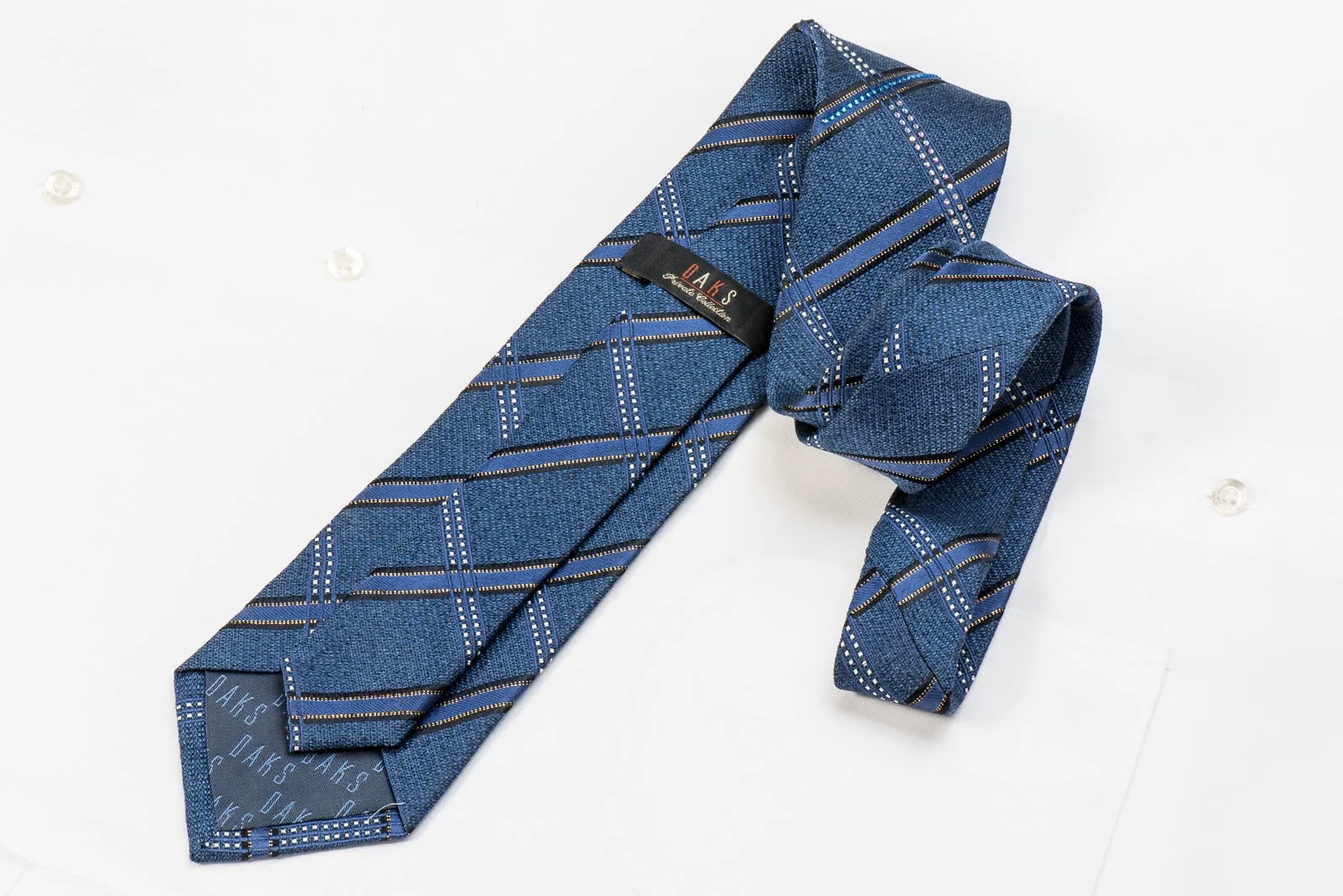 Daks Men's Crystal Silk Necktie Striped On Blue With Silver Sparkles