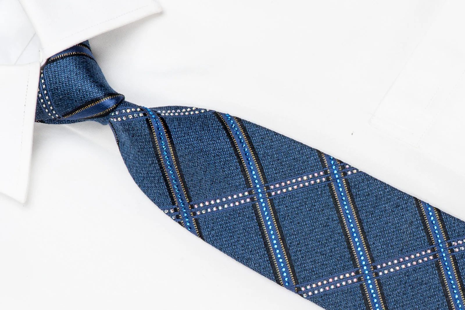 Daks Men's Crystal Silk Necktie Striped On Blue With Silver Sparkles