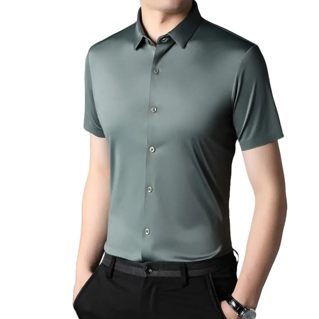 DomiGe Men's Summer Short Sleeve Blouse - Breathable, Quick-Dry, Business Casual