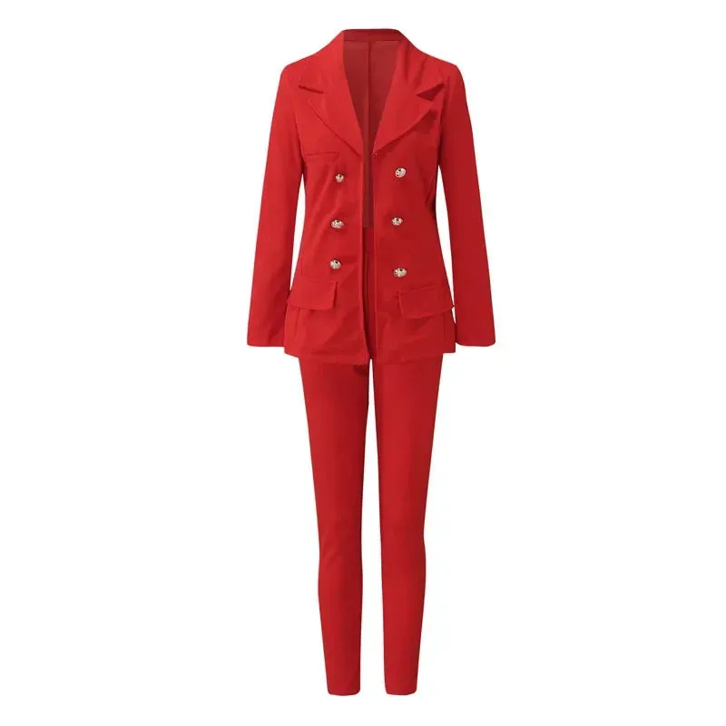 Elegant Women's 2-Piece Suit Set - Double-Breasted Blazer & Tailored Pants for Office & Business
