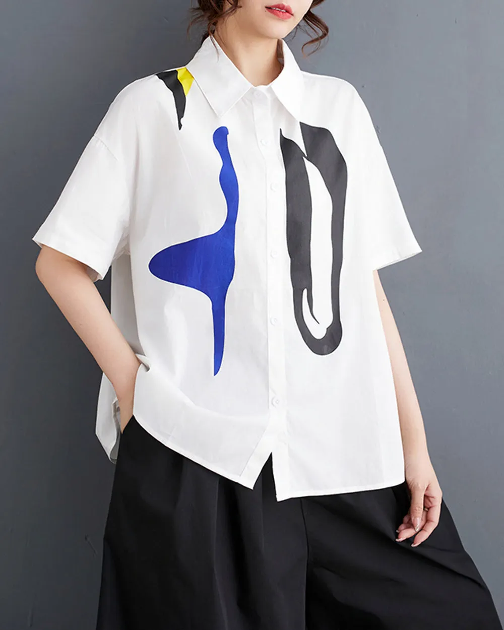 ellazhu Women's Short Sleeves Floral Print Button Down Shirt T-Shirt GZ190