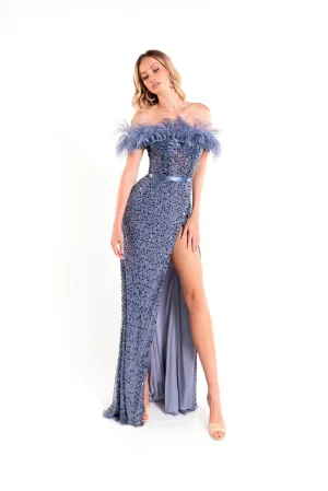 Feather Off Shoulder Slit Gown by Abby Paris 90170