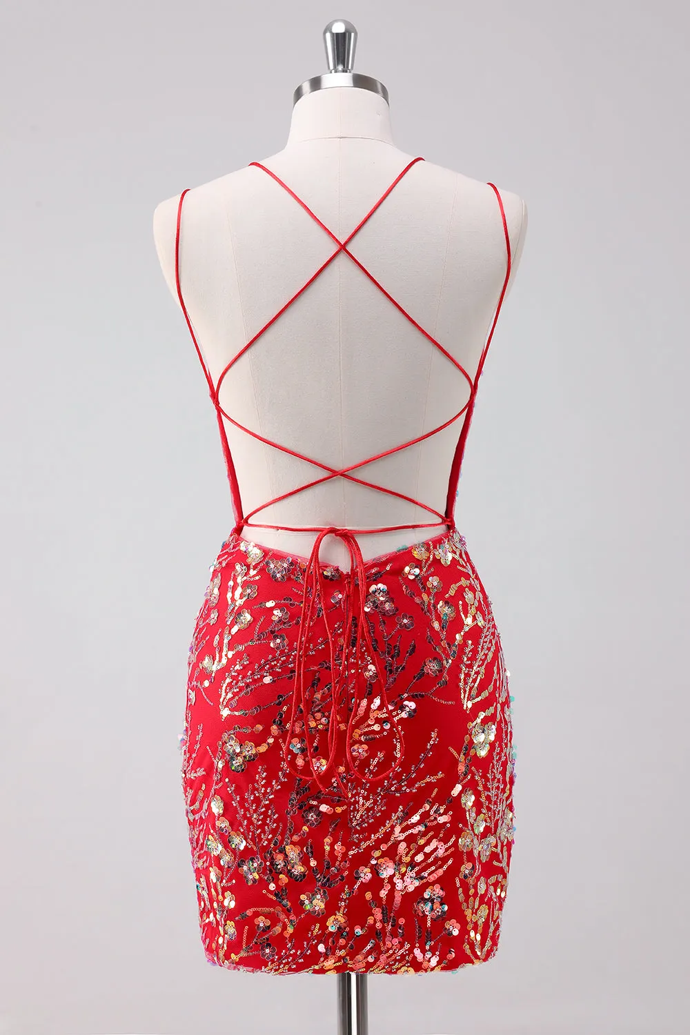 Glitter Red Bodycon Spaghetti Straps Sequins Short Homecoming Dress