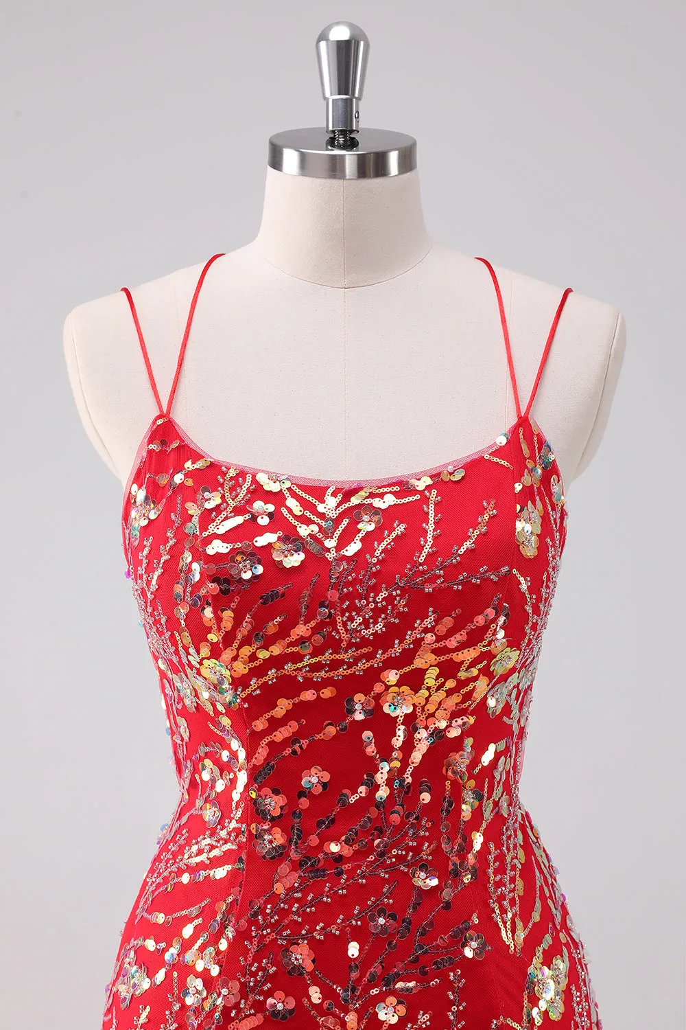 Glitter Red Bodycon Spaghetti Straps Sequins Short Homecoming Dress
